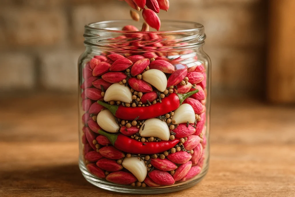 ریختن پوست پسته، فلفل، سیر و تخم گشنیز و سیاه دانه داخل شیشه.