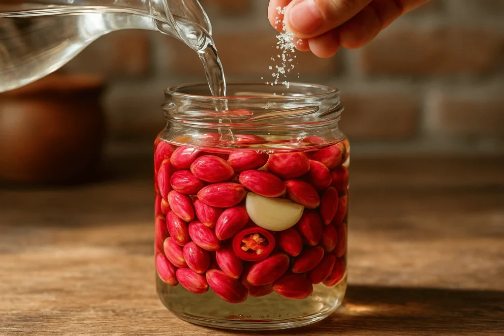 ریختن سرکه و نمک داخل ظرف ترشی