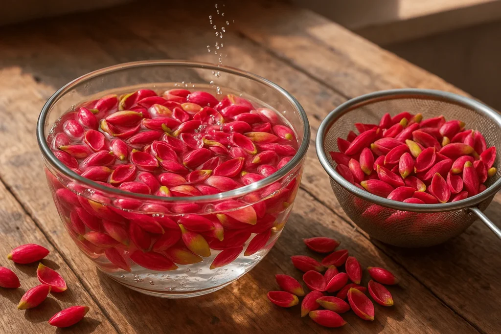 طرز تهیه ترشی پوست پسته: پوست پسته در حال شستن و آبکشی کردن.