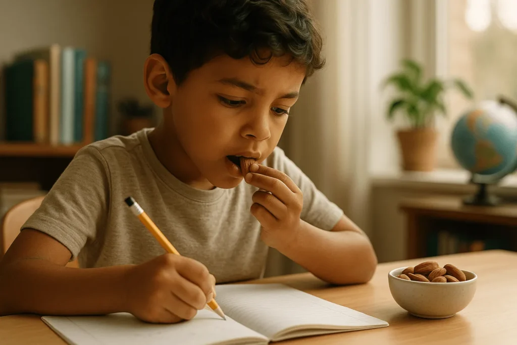 کودک در حال درس نوشتن و خوردن بادام درختی