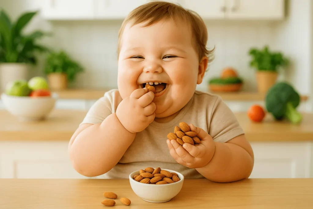 کودک با اضافه وزن در حال خوردن بادام درختی