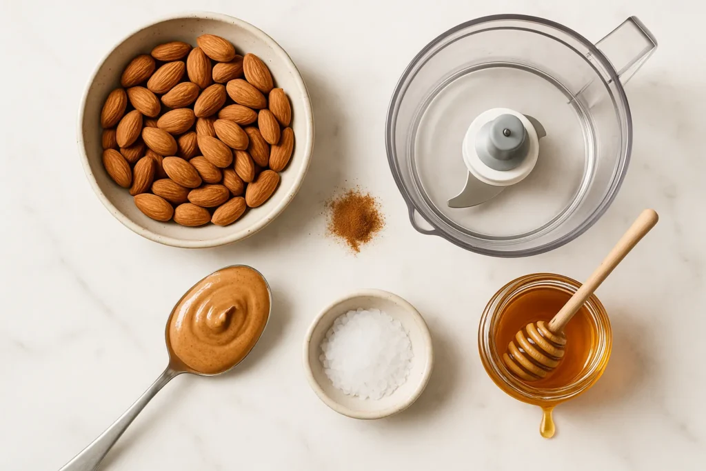 یک میز کامل از مواد طرز تهیه کره بادام درختی 