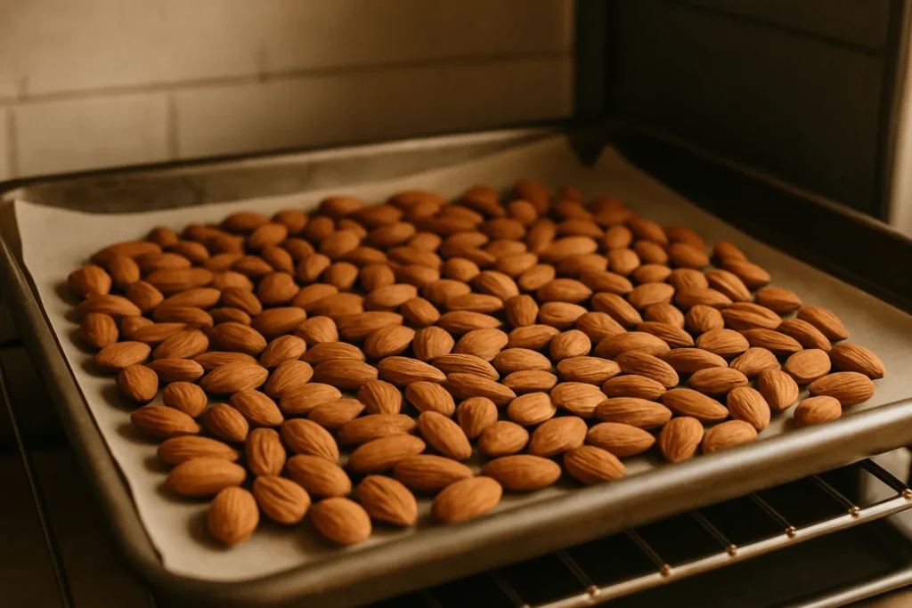 طرز تهیه کره بادام درختی: قرار دادن بادام‌ها داخل فر.
