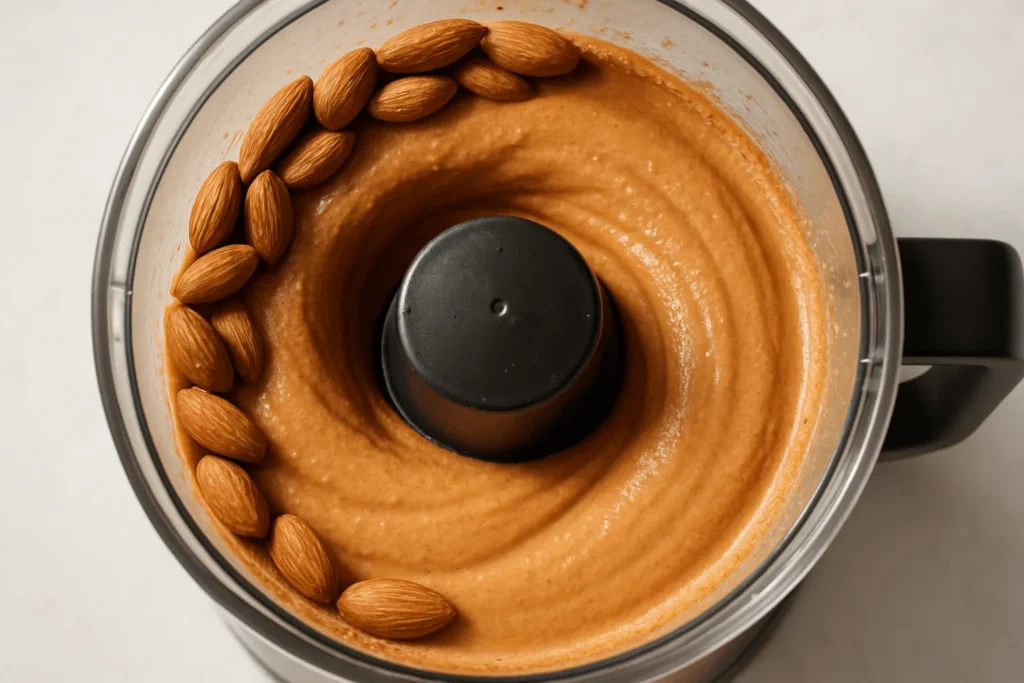 ریختن بادام درختی در مخلوط کن برای تبدیل شدن به کره بادام درختی
