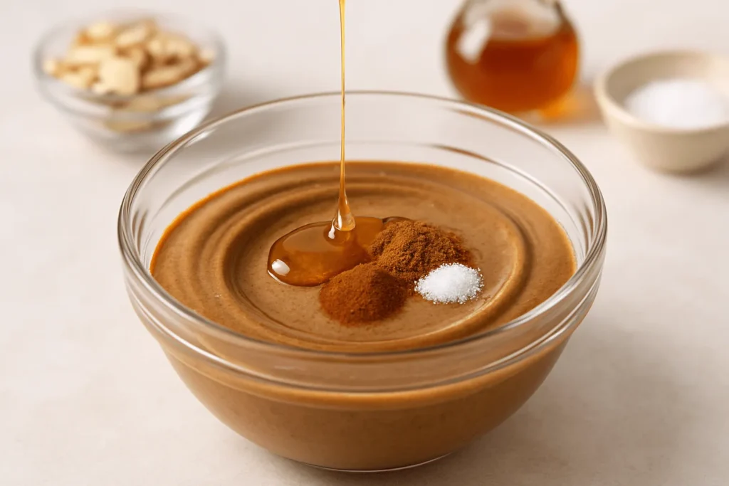 اضافه کردن عسل، دارچین و... به طرز تهیه کره بادام درختی