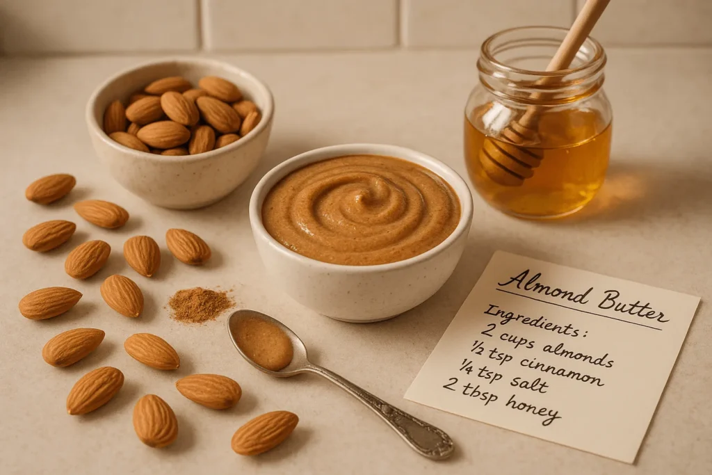 یک از ظرف کره بادام درختی خانگی برروی میز.