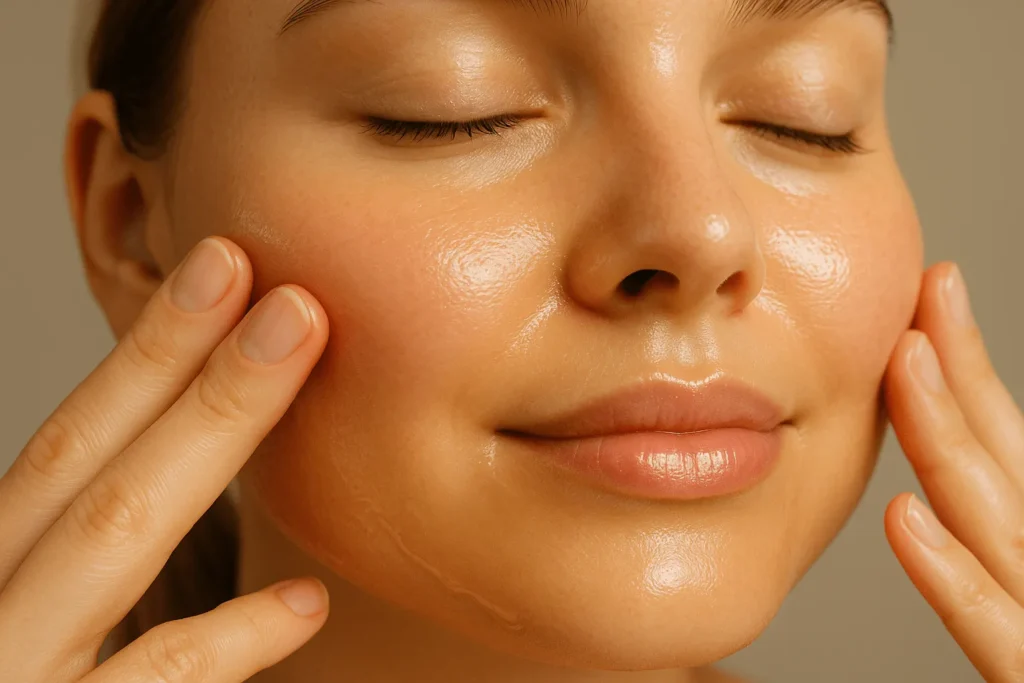 یک خانم که روغن بادام درختی را روی صورتش ماساژ میدهد.