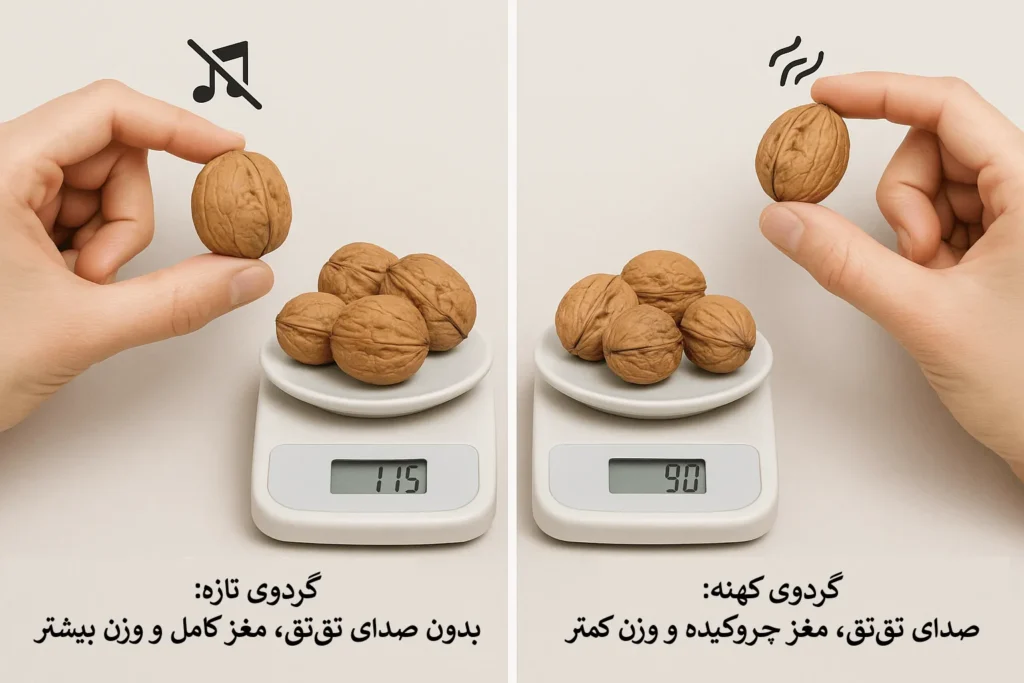 تشخیص گردوی تازه از کهنه-تست صدا و وزن گردو