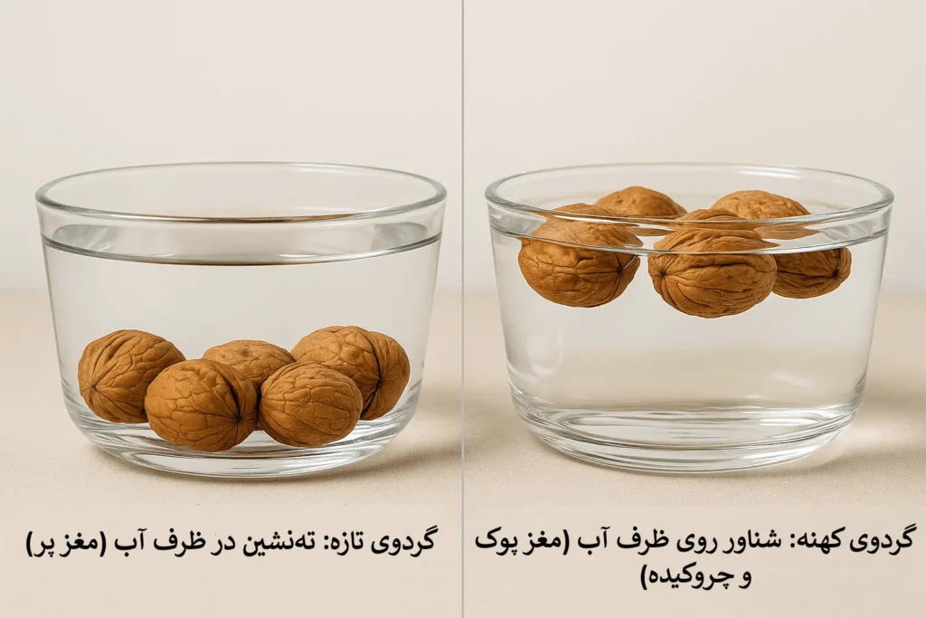 تشخیص گردوی تازه از کهنه-روش شناور کردن گردو در آب