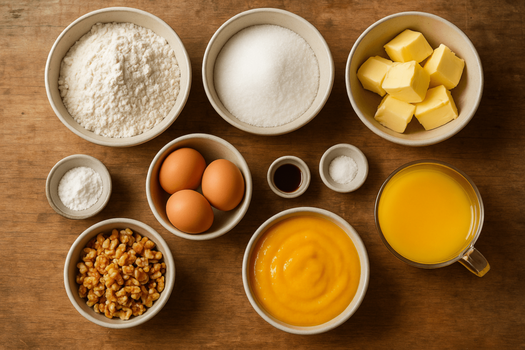 مواد اولیه برای طرز تهیه کیک انبه و گردو