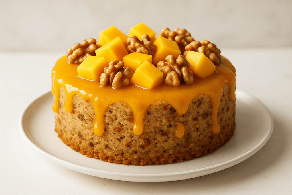 کیک انبه و گردو با سس انبه