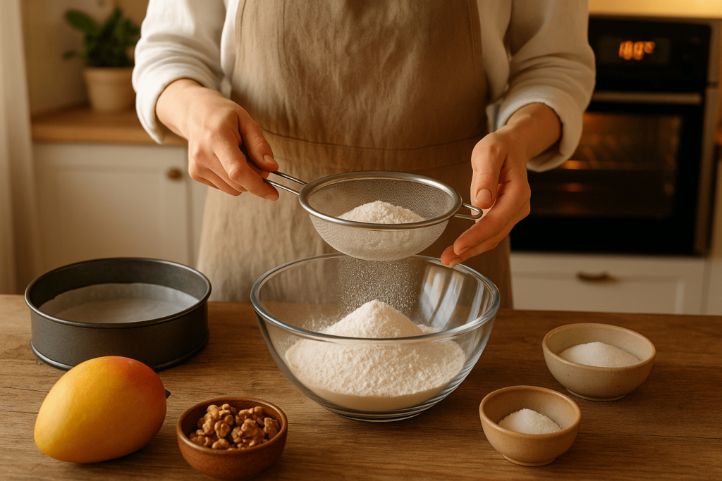 طرز تهیه کیک انبه گردو در حال الک کردن آرد