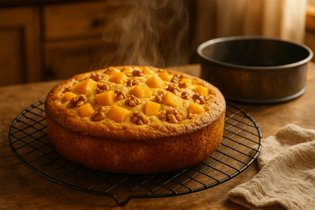 کیک انبه و گردو برروی توری فلزی