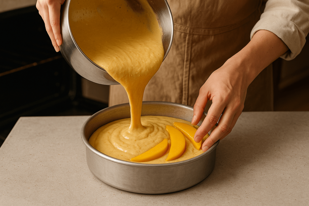 ریختن مایخ کیک انبه و گردو داخل قالب