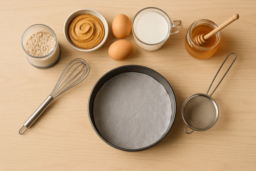 طرز تهیه کیک رژیمی با جو دوسر و کره بادام زمینی-مرحله اول: آماده سازی مواد و وسایل