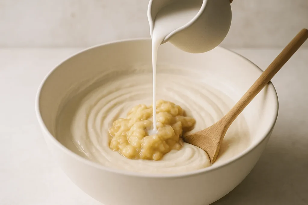 طرز تهیه کیک رژیمی با جو دوسر و کره بادام زمینی-مرحله سوم: اضافه کردن مایعات