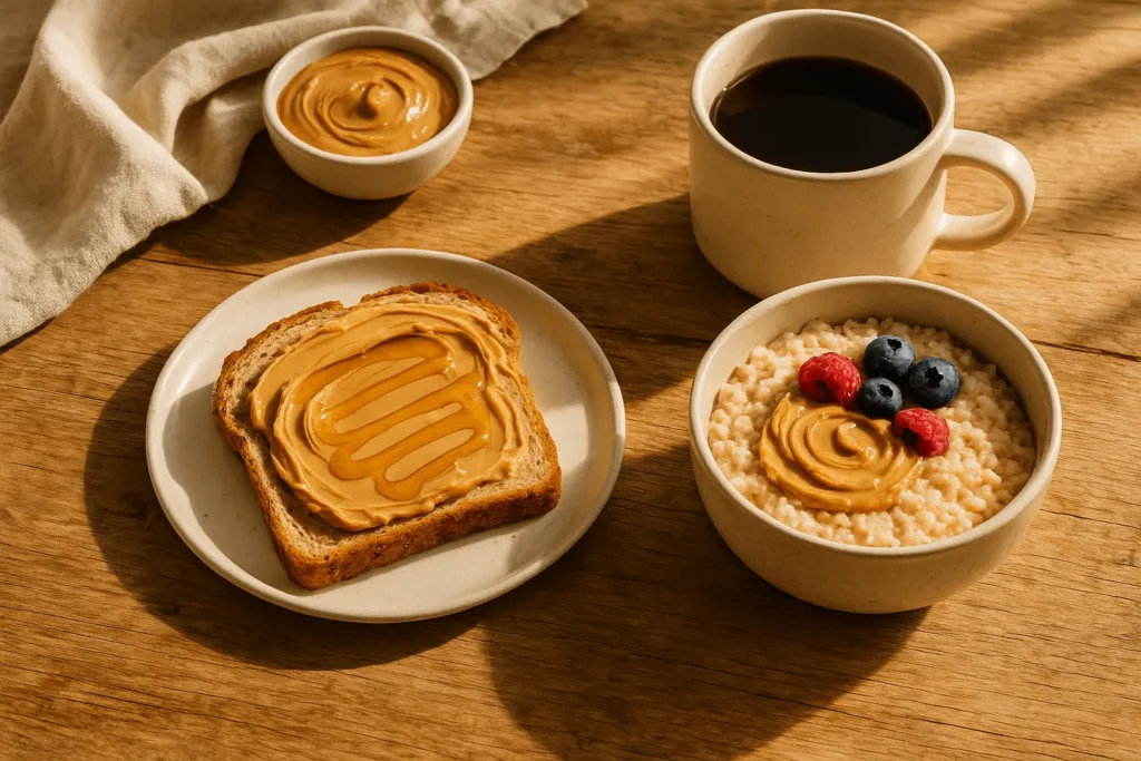 کره بادام زمینی با نان و عسل و اوتمیل