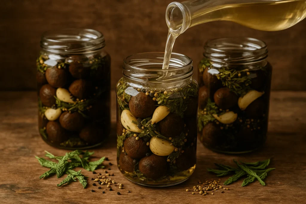 ریختن گردو، سرکه، سیر، ادویه و سبزی معطر داخل شیشه