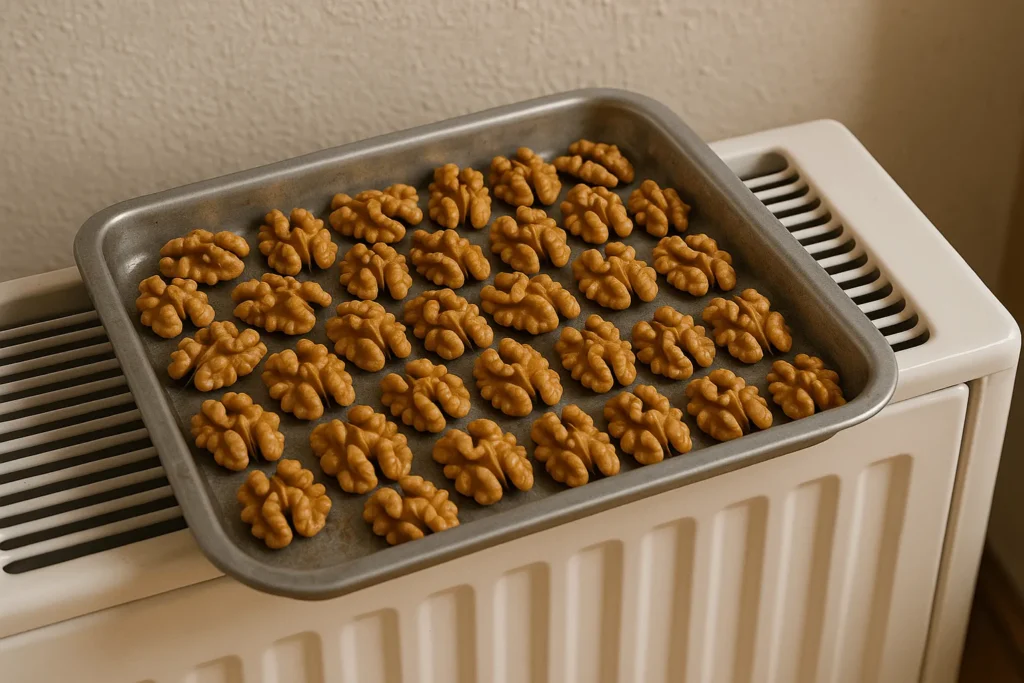 خشک کردن گردو بدون پوست روی بخاری یا شوفاژ