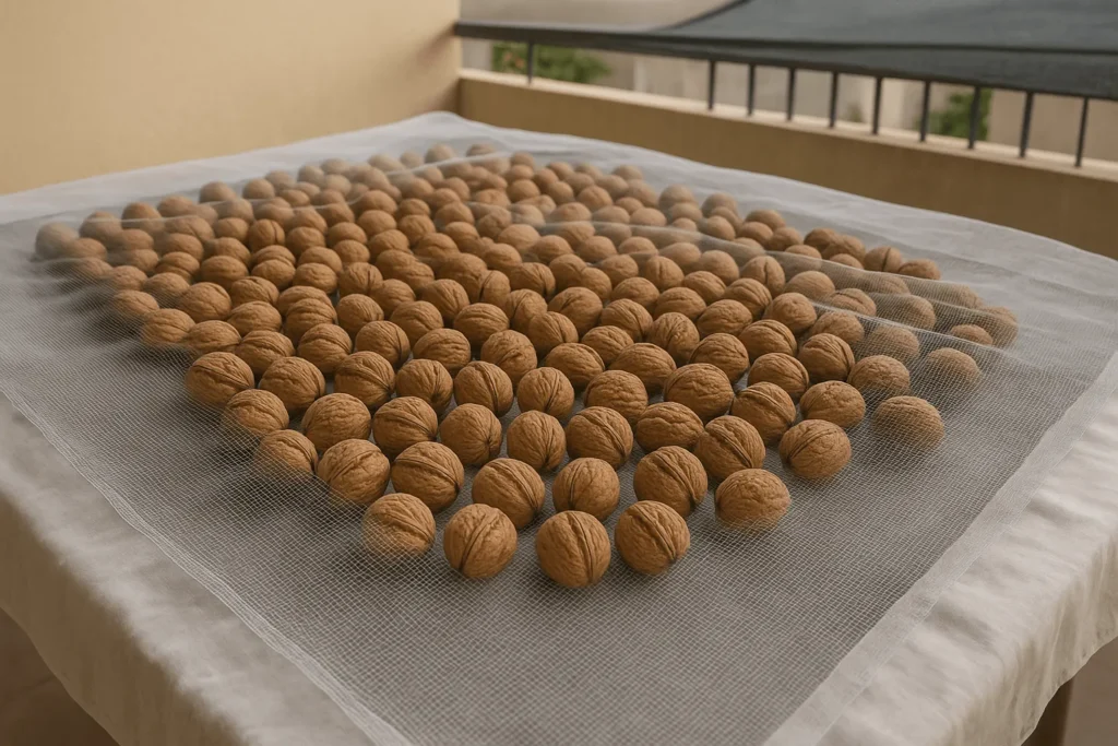 خشک کردن گردو با پوست در سایه