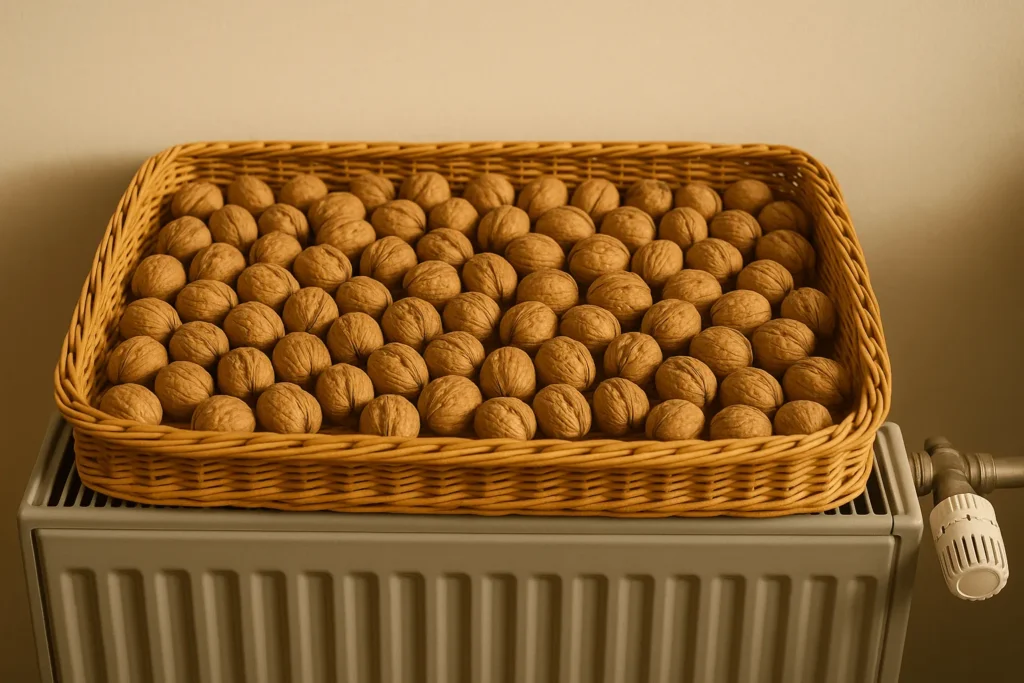 خشک کردن گردو با پوست روی بخاری یا شوفاژ