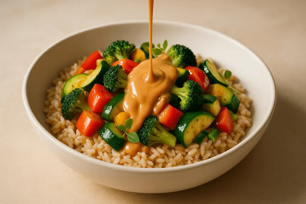 برنج قهوهای با سس بادام زمینی