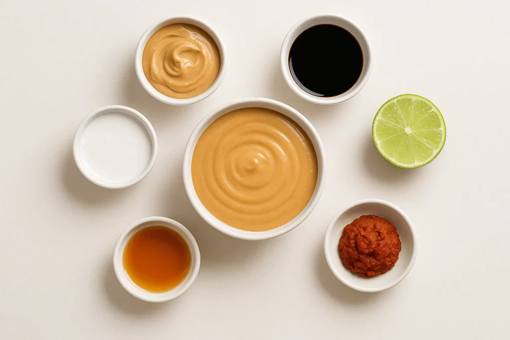 سس کره بادام زمینی تایلندی: کره بادام زمینی، سس سویا، شیر نارگیل، پودر کاری، آبلیمو، عسل، نمک