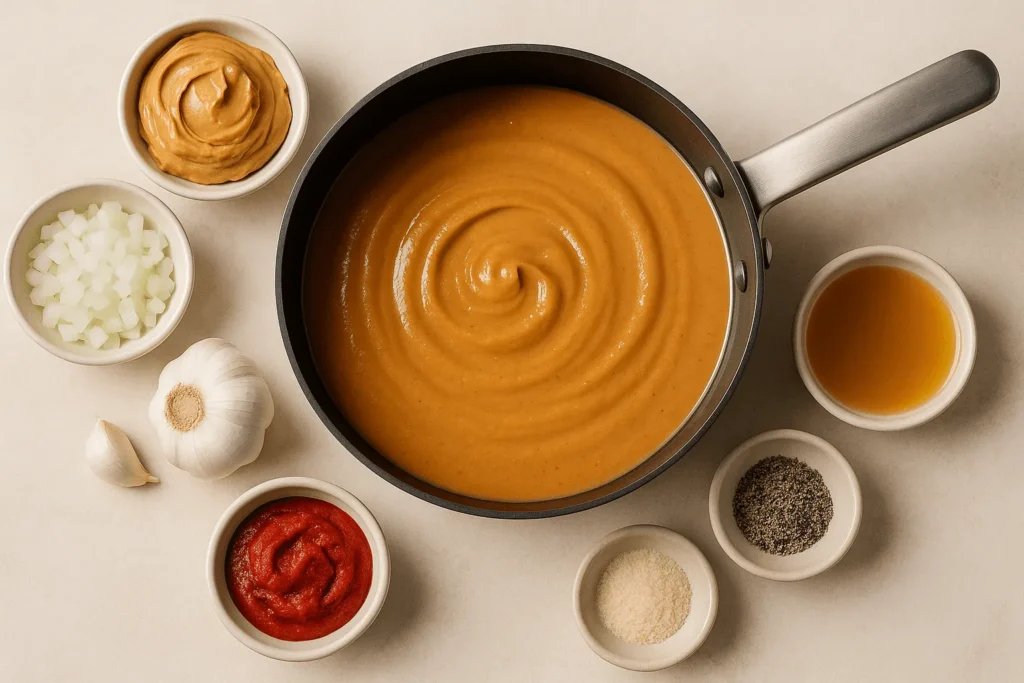 سس کره بادام زمینی پختنی: کره بادام زمینی، پیاز، سیر، پوره گوجه فرنگی، آب مرغ، نمک، روغن
