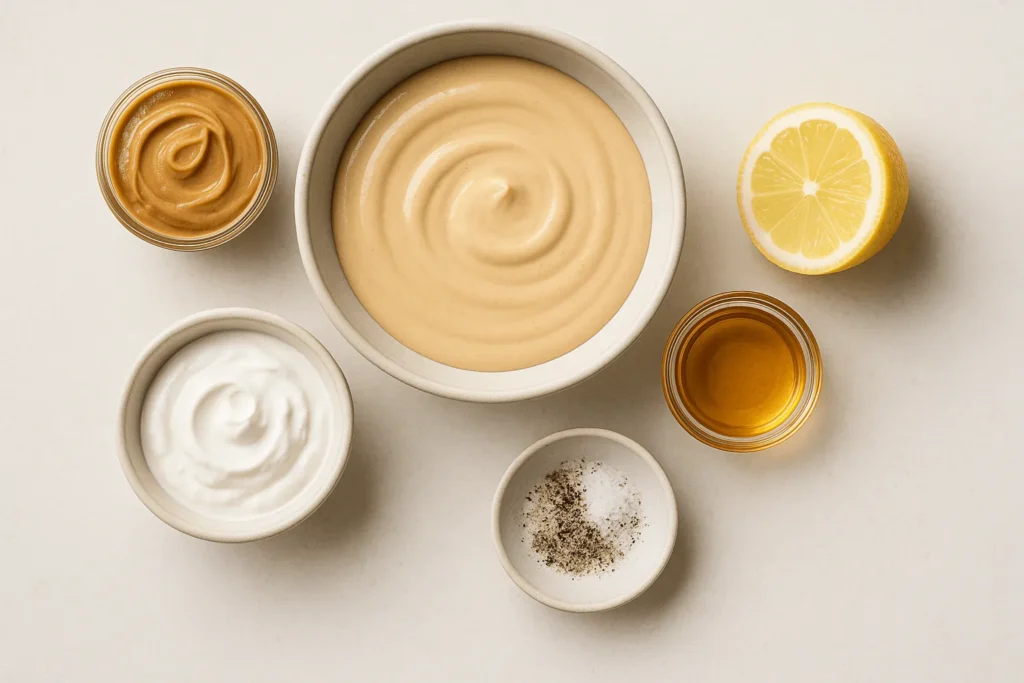 سس کره بادام زمینی رژیمی: کره بادام زمینی، ماست، عسل، آبريال آبلیمو، نمک