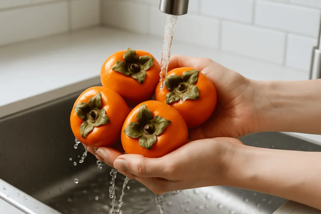 مرحله اول: شستن و خشک کردن خرمالو