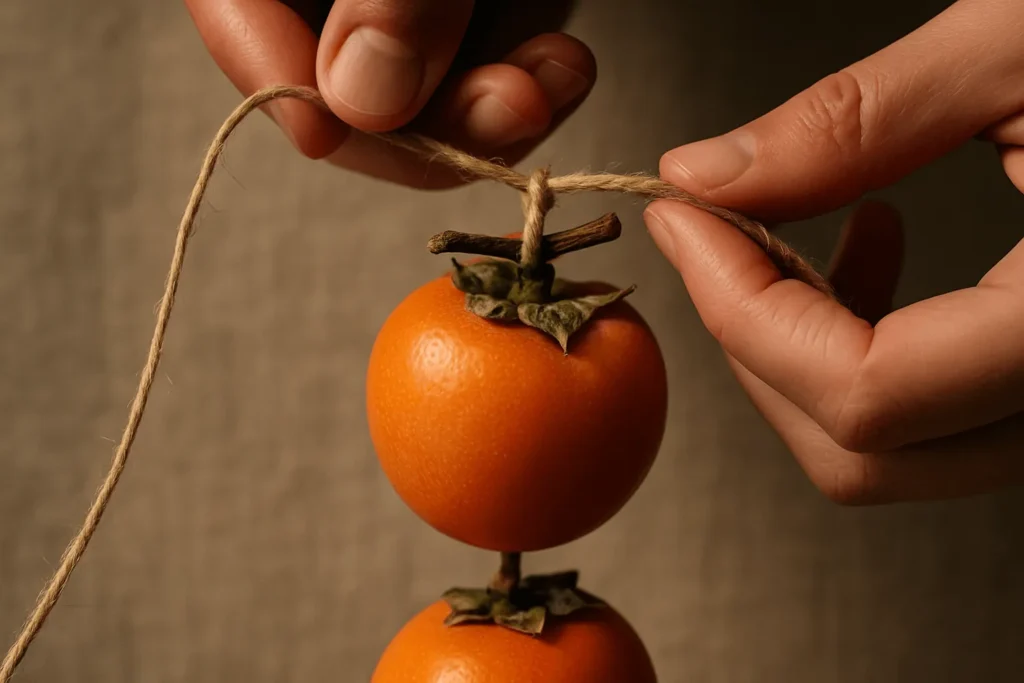 مرحله دوم: نخ کردن خرمالوها
