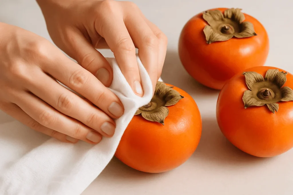 مرحله اول: شستن و خشک کردن خرمالو