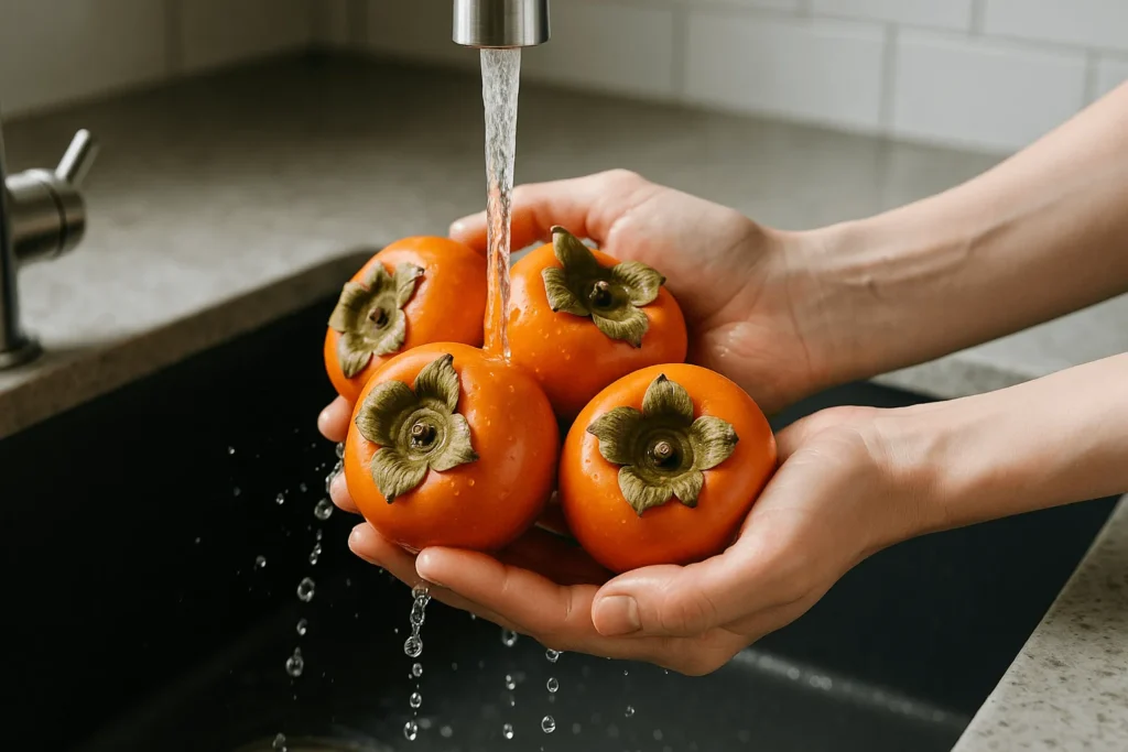 مرحله اول: شستن و خشک کردن خرمالو
