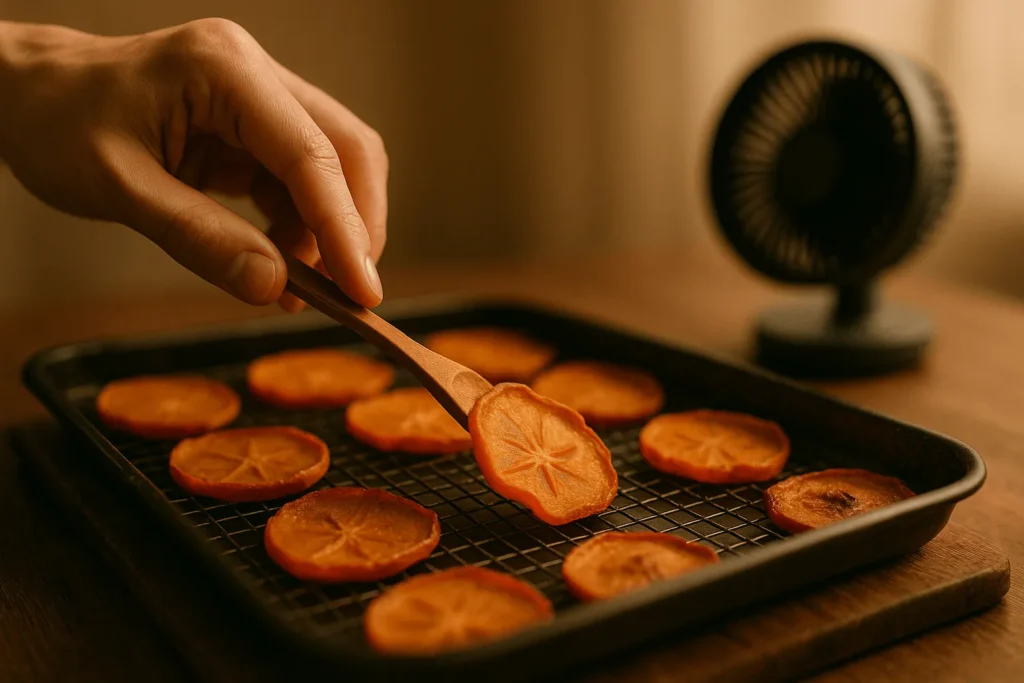 مرحله پنجم: برگرداندن خرمالوها و استفاده از پنکه