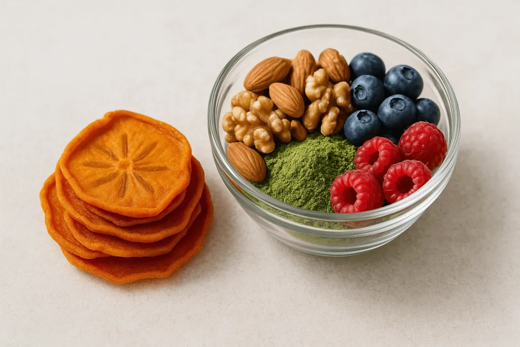 خرمالو خشک در کنار مواد غذایی سالم