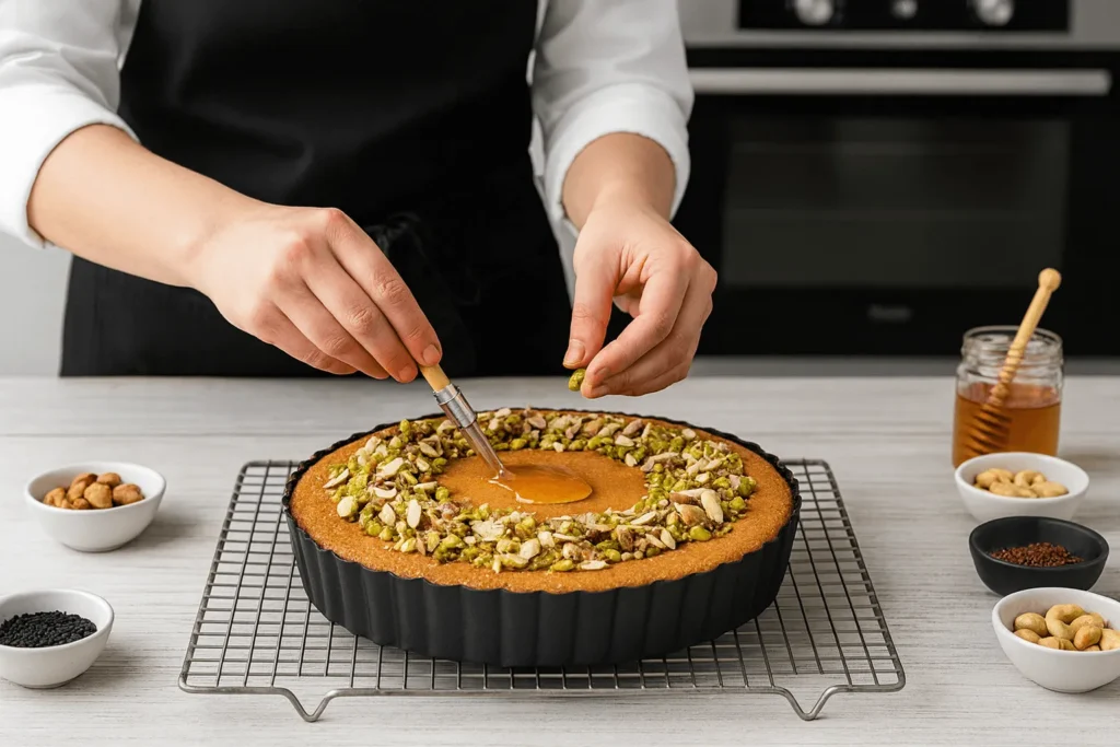 مرحله نهم: تزئین کیک با آجیل