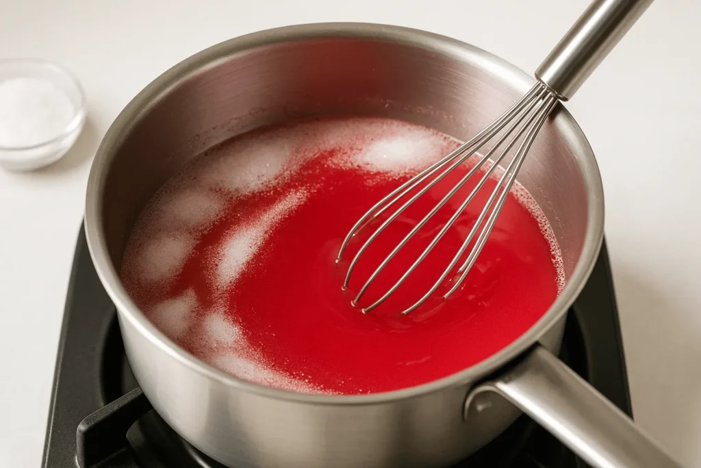 مرحله اول: حل کردن نشاسته در آب و اضافه کردن شکر و پودر ژله