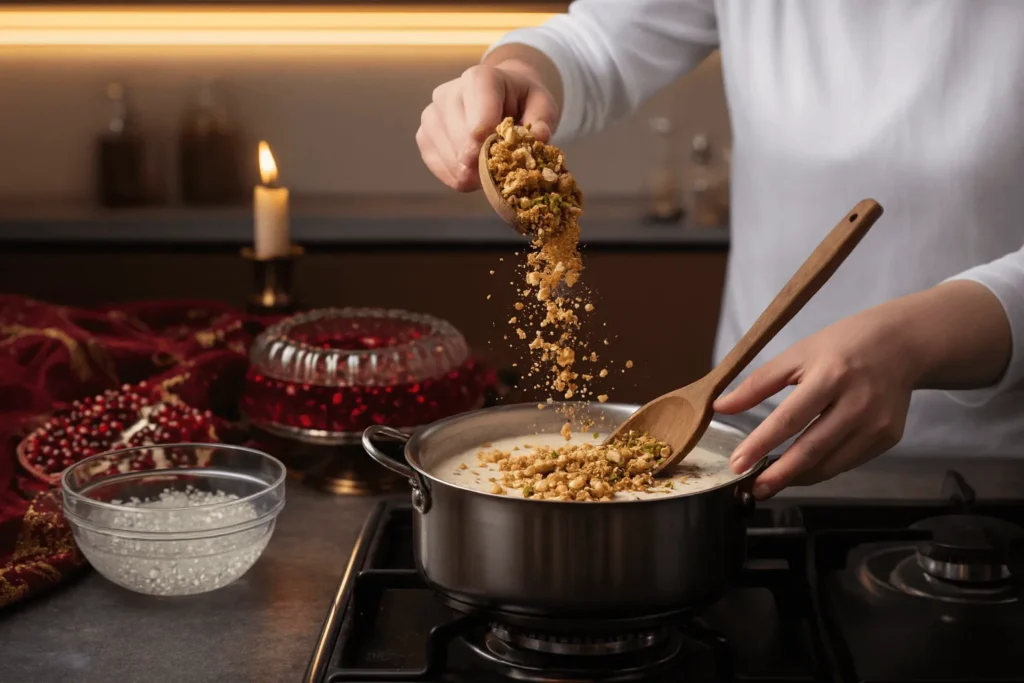 مرحله ششم: اضافه کردن مغزیجات و بیسکویت