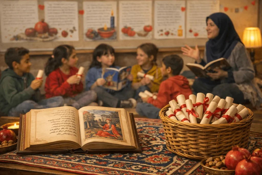 لیست وسایل شب یلدا برای مدرسه: معلم در حال خواندن حافظ برای دانش آموزان