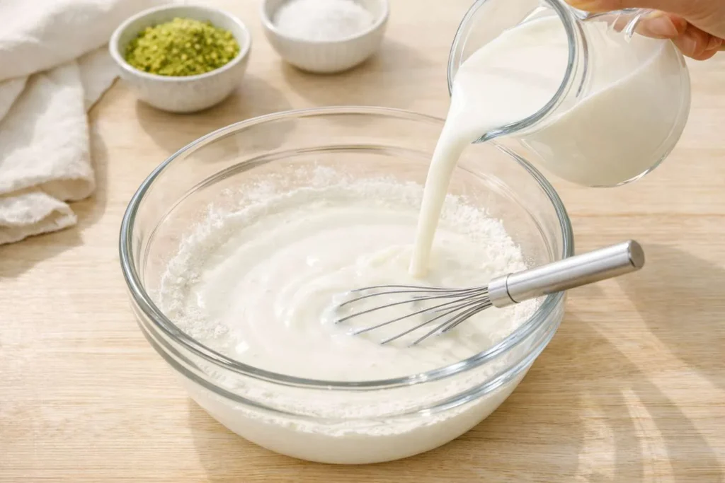 مرحله اول: مخلوط کردن آرد برنج و شیر