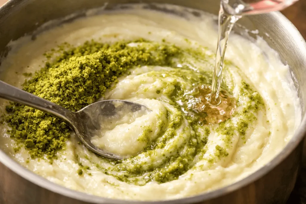 قدم سوم: اضافه کردن پودر پسته و گلاب