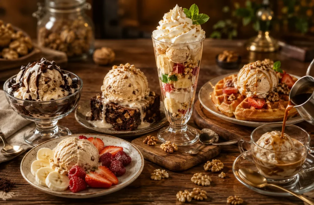 ایدههای خلاقانه برای تزئین و سرو بستنی گردویی