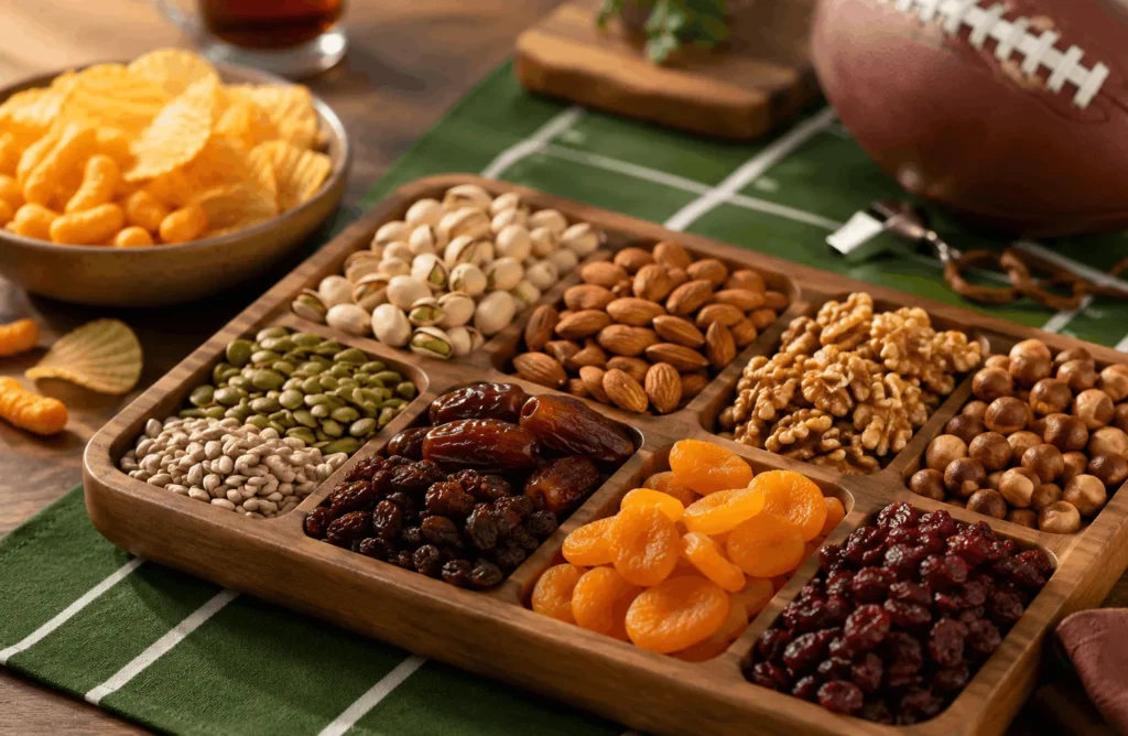 یک میز از چیپس و پفک در کنار آجیل و خشکبار برای جام جهانی