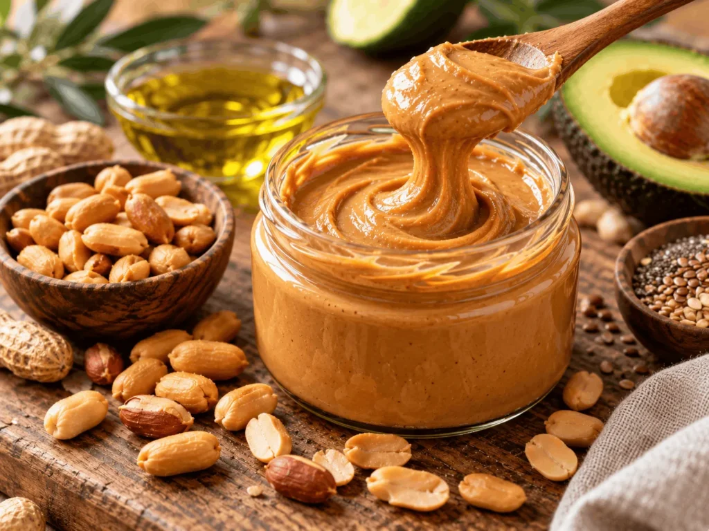 کره بادام زمینی طبیعی در کنار روغن زیتون، آووکادو و مغز بادام زمینی به عنوان منابع چربی غیراشباع