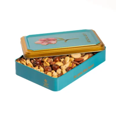 پک هدیه فلزی آجیل ممتاز تک گل فیروزه ای باز